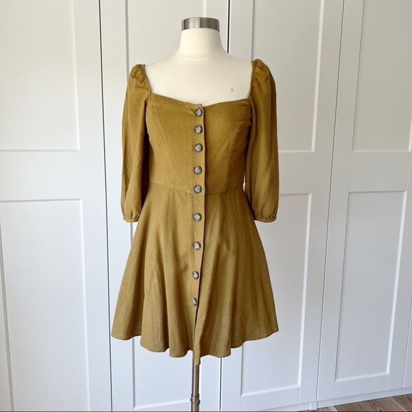 Zara Linen Mini Dress Puff Sleeves & Buttons - Picture 3 of 9